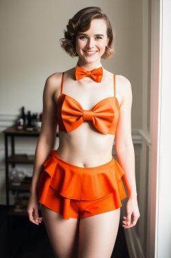 a woman in an orange bikini and bow tie