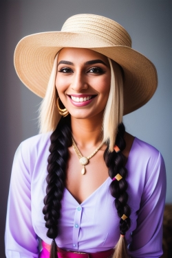 a smiling woman wearing a hat and braids