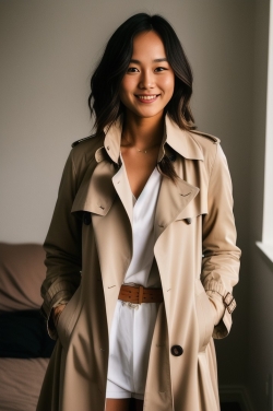 an asian woman wearing a trench coat and white shorts
