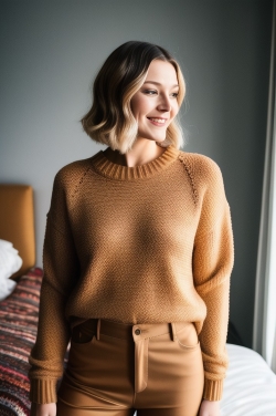 a woman in a brown sweater standing in front of a bed