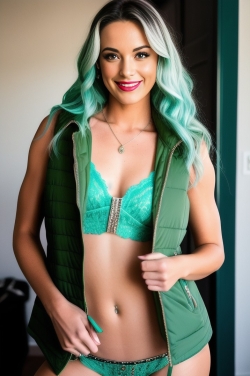 a beautiful young woman with green hair and a green vest