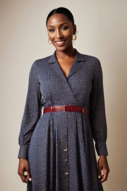 an african american woman wearing a blue dress and red belt