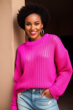 an african american woman wearing a pink sweater and jeans