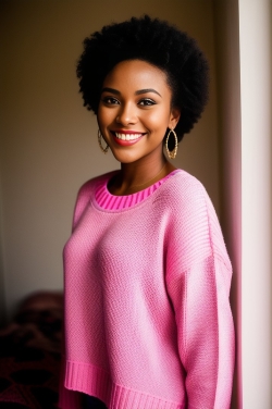 an african american woman in a pink sweater and hoop earrings