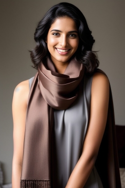 a woman in a gray dress and brown scarf