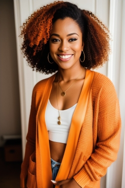 an african american woman with curly hair wearing an orange cardigan